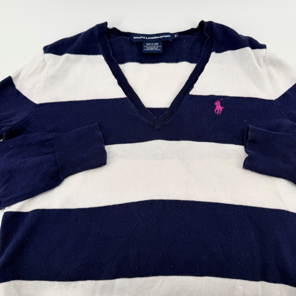 Ralph Lauren‎ Sport Striped V-Neck Sweater Pink Pony Preppy Medium Navy White
